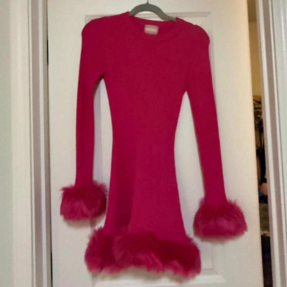 Show Me Your MuMu Hot Pink Feather-Trim Long-Sleeve Mini Dress - Picture 2 of 3